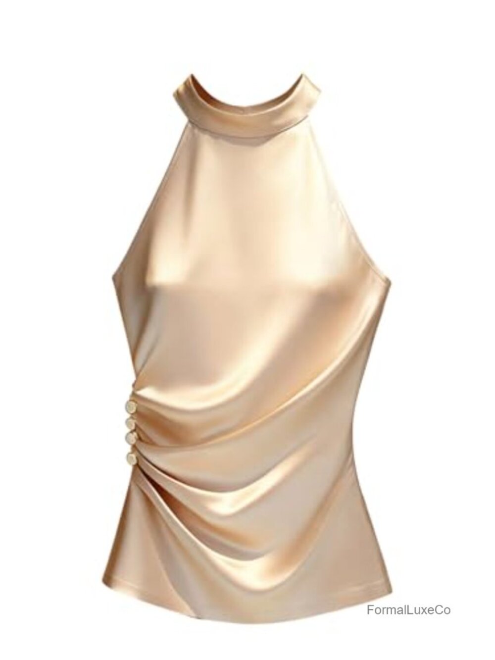 Satin Button Halter Top Ruched Dressy Formal Party Outfit